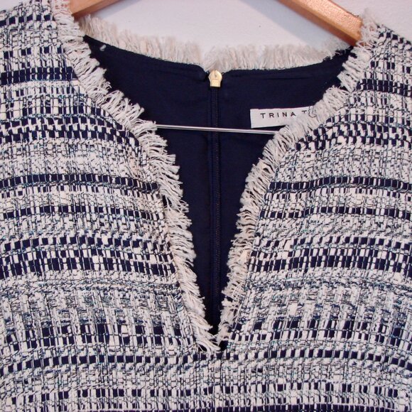 Trina Turk Tweed Midi Dress Navy White Shift V-neck Fringe Business Office 8 - Picture 8 of 16